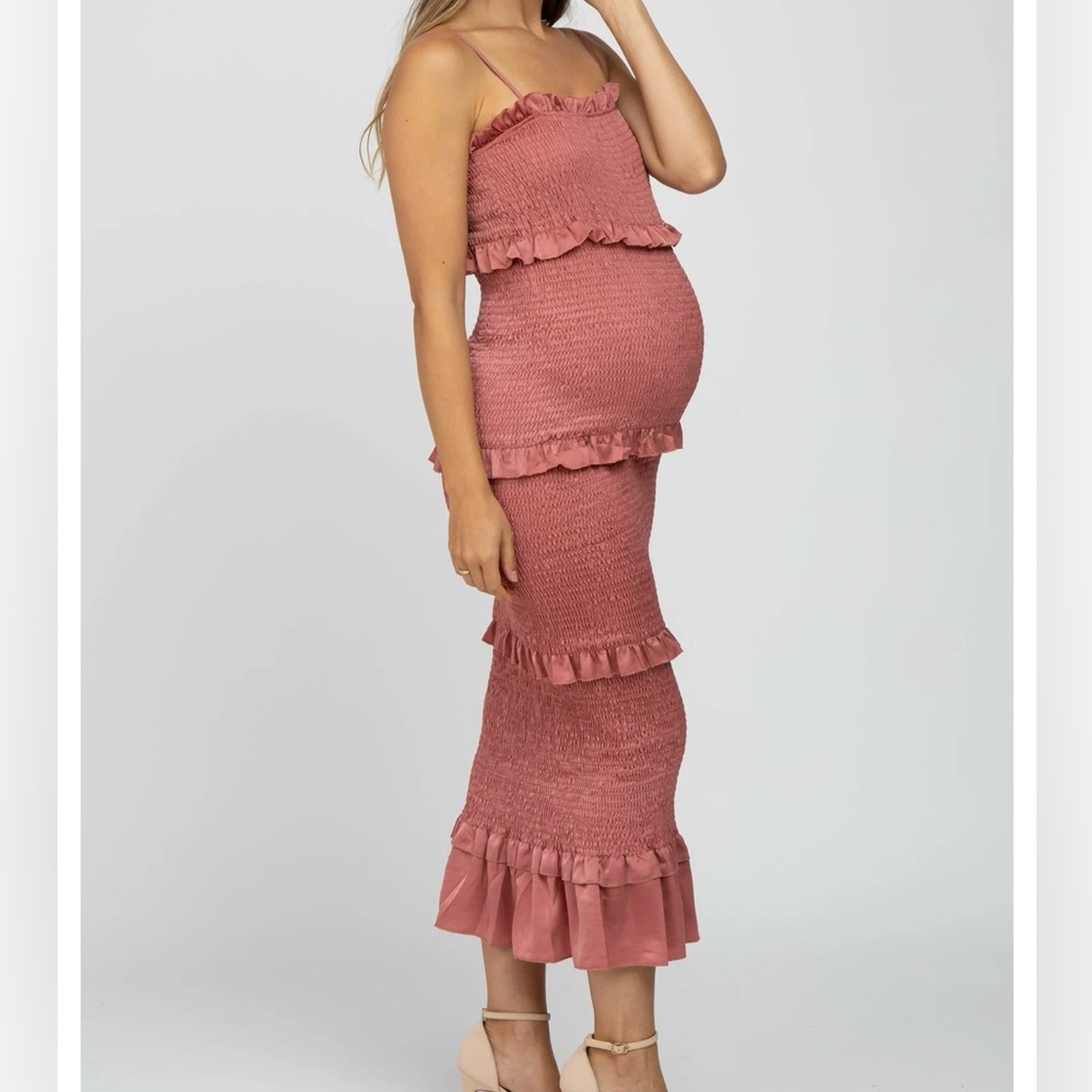 Mauve Satin Smocked Fitted Maternity Midi